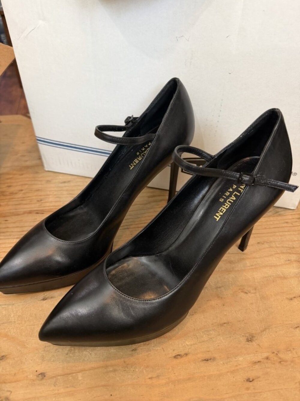 YSL Saint Laurent Strap Platform Pumps Black Leather Heels Women's Size EU 41